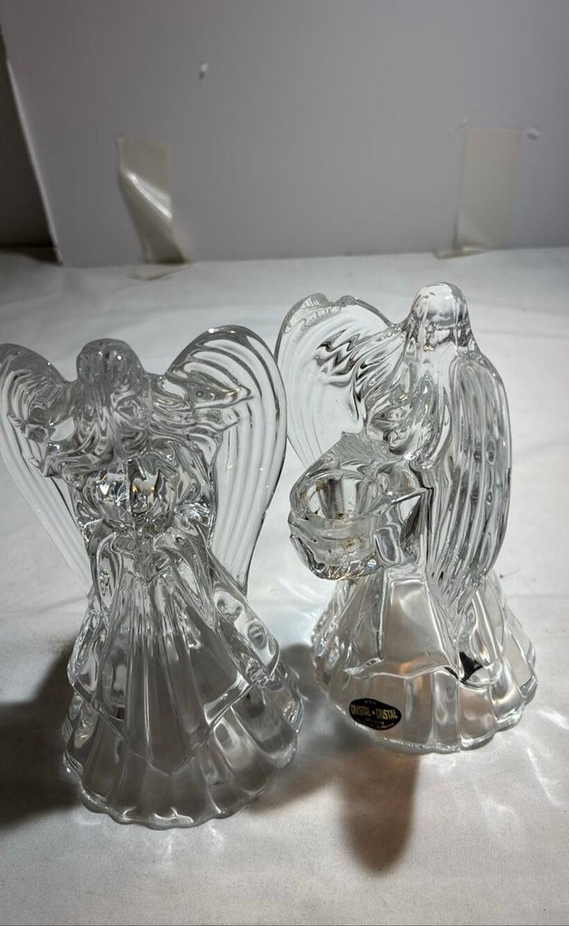 Pair of Crystal Angel Figurines with Candle Holder